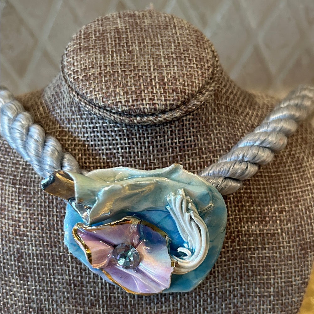 Handcrafted Blue Floral 16” Statement Necklace - Designer